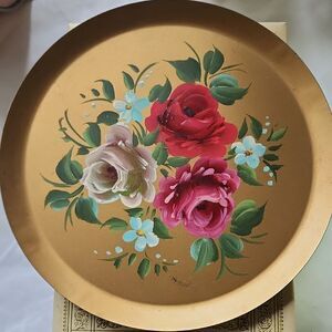 Vintage Handpainted Gold Tone Toleware Tray Coquette